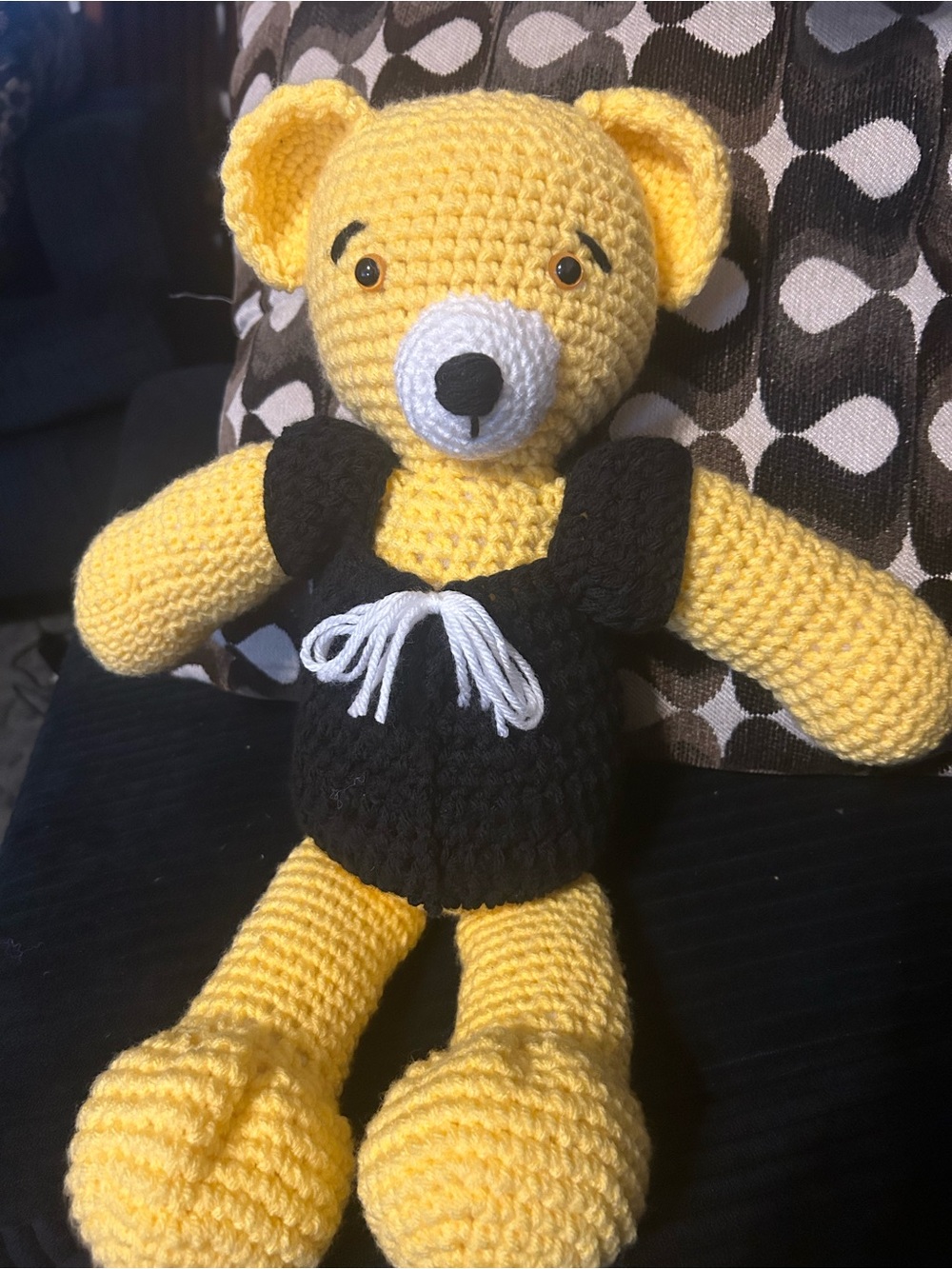 Yellow Crochet Teddy Bear Plush with Black Outfit